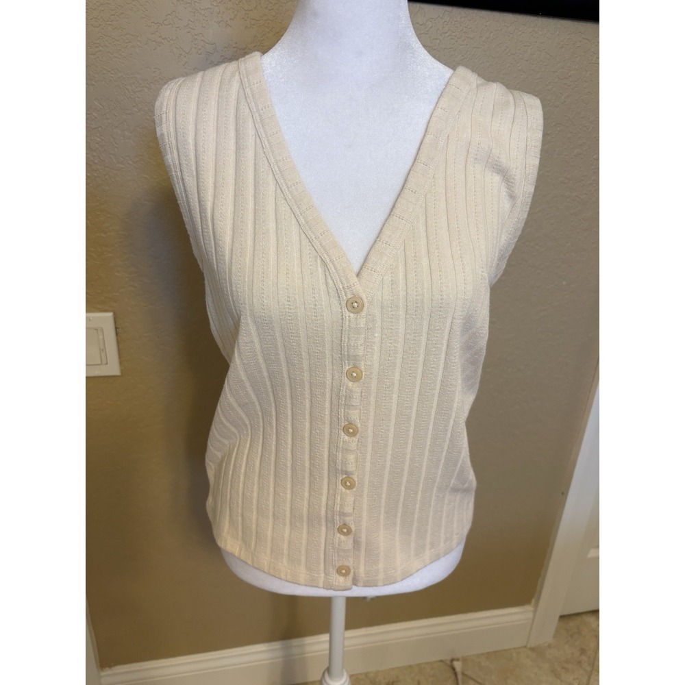 Ann Taylor Loft Cream Button Front Ribbed Knit Lightweight Sweater Vest Top, M